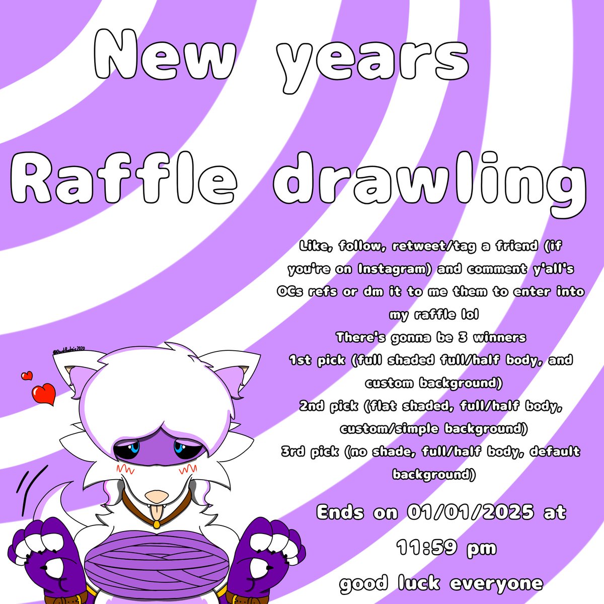 NEW YEAR'S RAFFLE!!!!! 🎈🎈 🎈
doing this to start off the new year's with a bang and to give back to my followers who helped me get here
Like, follow, retweet and comment a ref of y'all's OCs you want me to draw 
And follow the rules in the pic!
Ends on 01/01/2025 11:59 pm