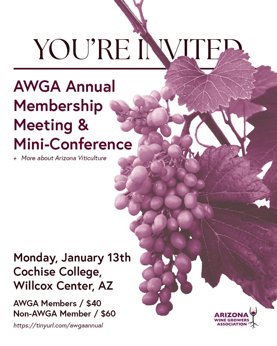 WineArizona's tweet photo. 📢 Attention AWGA Members and those interested!

Mark your calendars and join us for our in-person annual AWGA Membership Meeting &amp; Mini-Conference on Monday, January 13th, 2025! A one-day event of in-person discussion and networking with your peers in the Arizona wine industry. https://t.co/nuHRK75aJ7