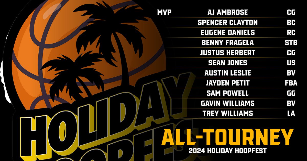 Holiday Hoopfest @ Bishop Verot High (@holidayhoopfest) on Twitter photo Congratulations to the 11 players named All-Tournament Team at the 2024 Holiday Hoopfest, led by tournament MVP AJ Ambrose of <a href="/CGHSChiefs/">Cardinal Gibbons Chiefs Athletics</a>!
<a href="/verotathletics/">VerotAthletics.org</a>, <a href="/BB_BCHS/">BCHS Boy's Basketball</a>, <a href="/ridge_bolts/">RidgeBoltsAthletics</a> <a href="/stbathletics_/">St. Brendan High Athletics</a>, <a href="/UNS_Athletics/">USchool Athletics</a>, <a href="/FBAbball_4HG/">Fba Lions Basketball</a>, <a href="/GGHSBasketball/">The Family</a>, and <a href="/LAMensBBall/">Rambler Basketball</a> also represented! Congratulations to the 11 players named All-Tournament Team at the 2024 Holiday Hoopfest, led by tournament MVP AJ Ambrose of <a href="/CGHSChiefs/">Cardinal Gibbons Chiefs Athletics</a>!
<a href="/verotathletics/">VerotAthletics.org</a>, <a href="/BB_BCHS/">BCHS Boy's Basketball</a>, <a href="/ridge_bolts/">RidgeBoltsAthletics</a> <a href="/stbathletics_/">St. Brendan High Athletics</a>, <a href="/UNS_Athletics/">USchool Athletics</a>, <a href="/FBAbball_4HG/">Fba Lions Basketball</a>, <a href="/GGHSBasketball/">The Family</a>, and <a href="/LAMensBBall/">Rambler Basketball</a> also represented!