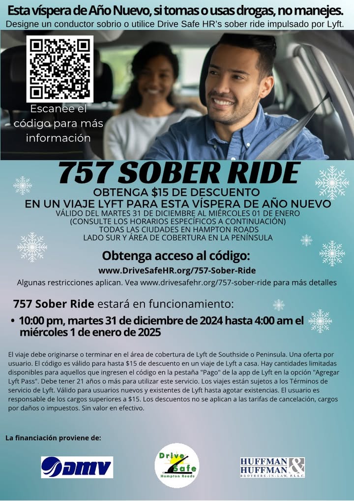 Virginia Beach Police Department (@vbpd) on Twitter photo This #NYE, <a href="/DriveSafeHR/">Drive Safe HR</a> is offering #Lyft codes for a free or discounted ride starting at 10 p.m. on Tuesday, December 31, 2024, to help you get home safe!
Save the link: drivesafehr.org/757-sober-ride/ and plan a sober ride home, now!
#VBPD #SoberRide #NewYear #NoDUI #HamptonRoads This #NYE, <a href="/DriveSafeHR/">Drive Safe HR</a> is offering #Lyft codes for a free or discounted ride starting at 10 p.m. on Tuesday, December 31, 2024, to help you get home safe!
Save the link: drivesafehr.org/757-sober-ride/ and plan a sober ride home, now!
#VBPD #SoberRide #NewYear #NoDUI #HamptonRoads