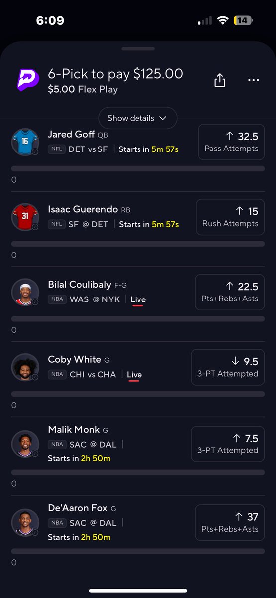 DankdataAI's tweet image. Locked in a spicy 6-pick Flex Play  Jared Goff – 32.5 Pass Attempts  
Isaac Guerendo – 15 Rush Attempts 
Bilal Coulibaly – 22.5 PRA  
Coby White – 9.5 3PT Attempts 
Malik Monk – 7.5 3PT Attempts De'Aaron Fox – 37 PRA 
$5→$125 if we hit! 
Let’s ride.#SportsBetting #DankDataPicks