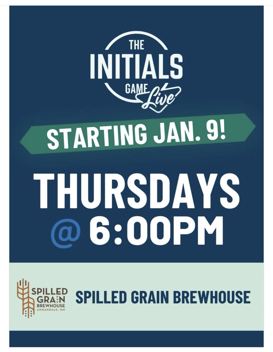 JANUARY 9, 2025: Initials Game Live debuts at <a href="/SpilledGrain/">Spilled Grain Brewhouse</a> in Annandale, MN at 6:00pm! You’ll be able to play <a href="/initialsgametm/">The Initials Game Live</a> every Thursday night at Spilled Grain Brewhouse. Bring a charged phone and your friends. Free to play.

InitialsGameLive.com