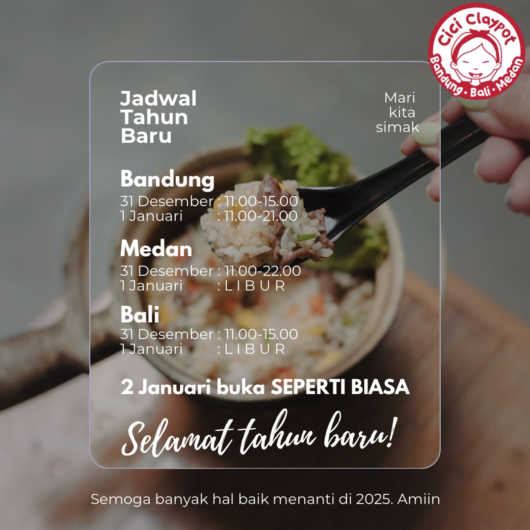 Jadwal buka <a href="/CiciClaypot/">CiciClaypot</a> di Bandung, Medan dan Bali. Silakan lho disimak, di-share dan di-save siapa tau ada yang mau mampir2 menutup 2024 dan menutup 2025 sambil makan enak ya kan ya kan ya kan