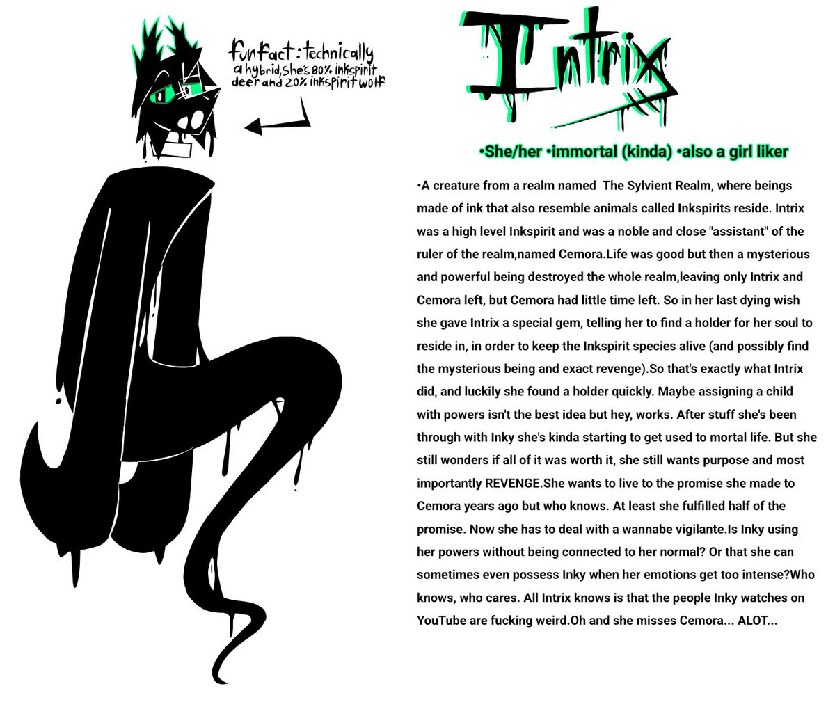 InkyEvergreen's tweet photo. Finally made a sona info sheet after 1000 years
#sona #selfsona #oc #ocart #sonaart #infosheet #orginalcharacter #characterinfo #digitalart #digitaldrawing https://t.co/u26PLcMI1S