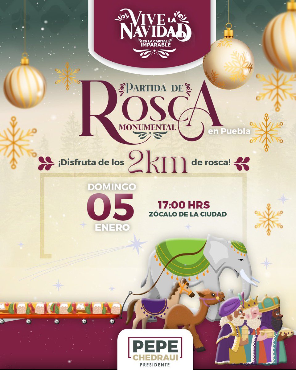 🌟 Con la #RoscaMonumental celebramos en #LaCapitalImparable la llegada de los Reyes Magos. 🤴🏻🐫

En el <a href="/PueblaAyto/">Ayuntamiento de Puebla</a> nos estamos preparando para recibir a todas y todos los poblanos en este tradicional encuentro familiar.

🗓️ 05 de Enero de 2025 | 17:00 Hrs.
📍 Zócalo de la Ciudad