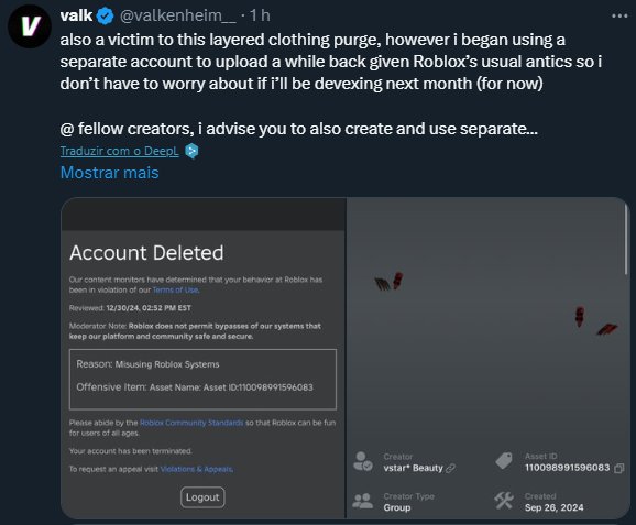Roblox_NewsX's tweet image. NOTÍCIA IMPACTANTE!

Adidas banida permanentemente do Roblox!

Motivo: item deletado pela moderação da plataforma.

Mas isso é apenas o início! Dezenas de criadores e itens UGC estão sendo banidos devido à moderação automática (IA).

#Roblox #Adidas #Banimento #Moderação #UGC