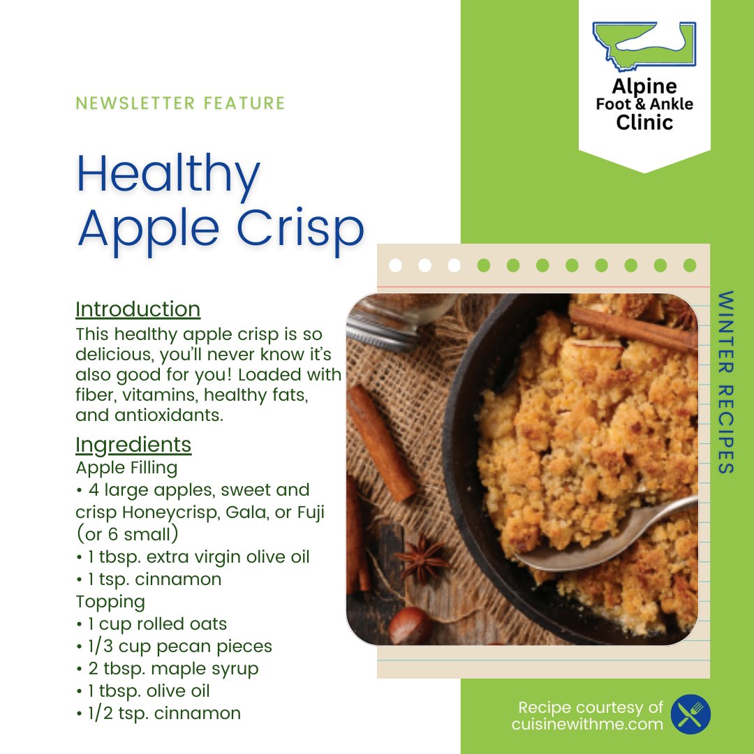 GNeibauerDPM's tweet photo. This healthy apple crisp is so delicious, you’ll never know it’s also good for you! Loaded with fiber, vitamins, healthy fats, and antioxidants. 🍏🍎
•
#newsletterfeature #winterrecipes #applecrisp #healthyrecipes #healthyliving #missoulapodiatrist #montanapodiatrist https://t.co/g4OXiTyImu