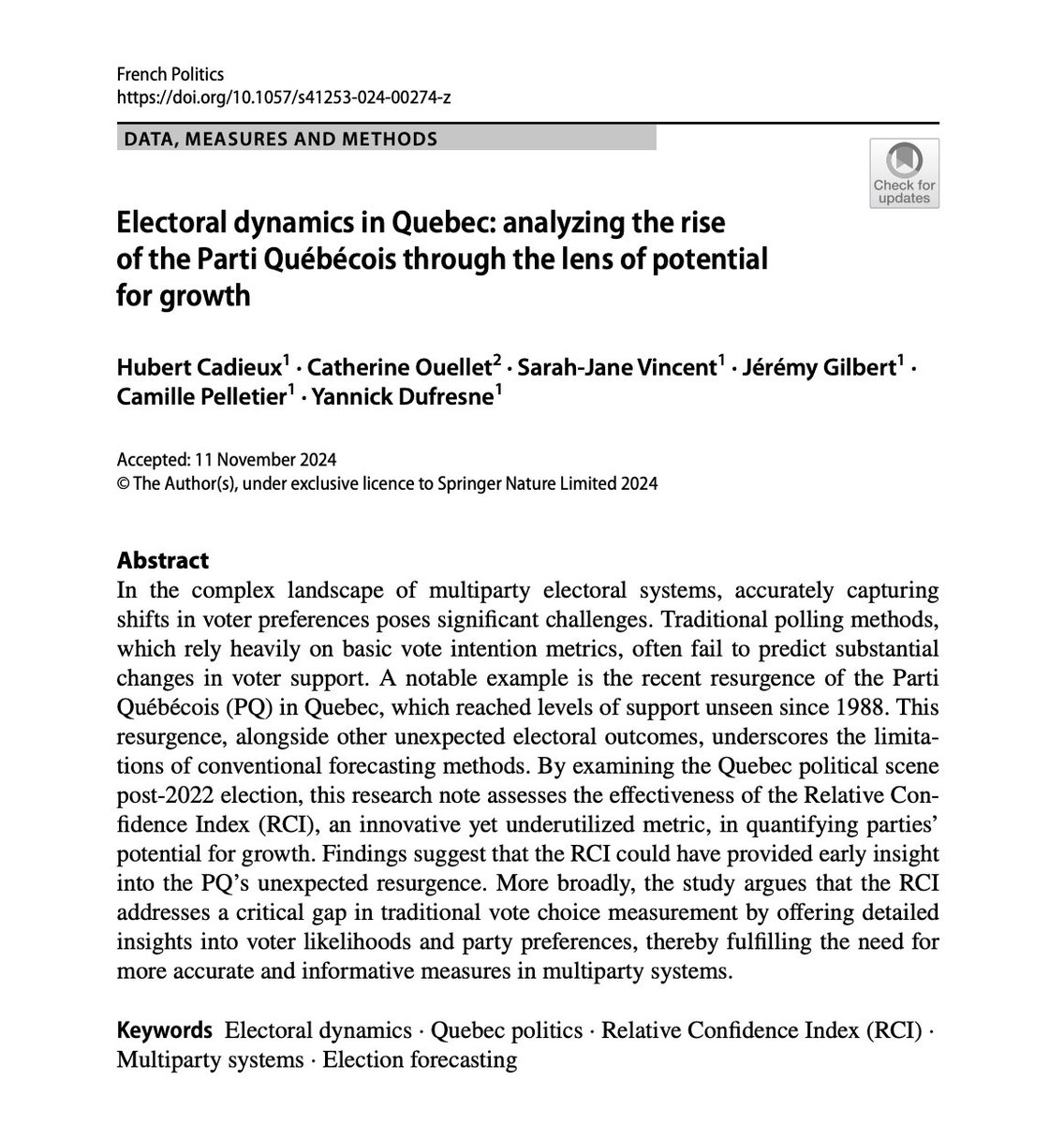 Catherine Ouellet (@cath_ouellet) on Twitter photo 🚨 New paper in French Politics (<a href="/Palgrave/">Palgrave Macmillan</a>), where my co-authors and I analyze the rise of the Parti Québécois using the Relative Confidence Index, a metric that helps (we argue) to understand potential voter shifts in multiparty systems. link.springer.com/article/10.105… 🚨 New paper in French Politics (<a href="/Palgrave/">Palgrave Macmillan</a>), where my co-authors and I analyze the rise of the Parti Québécois using the Relative Confidence Index, a metric that helps (we argue) to understand potential voter shifts in multiparty systems. link.springer.com/article/10.105…