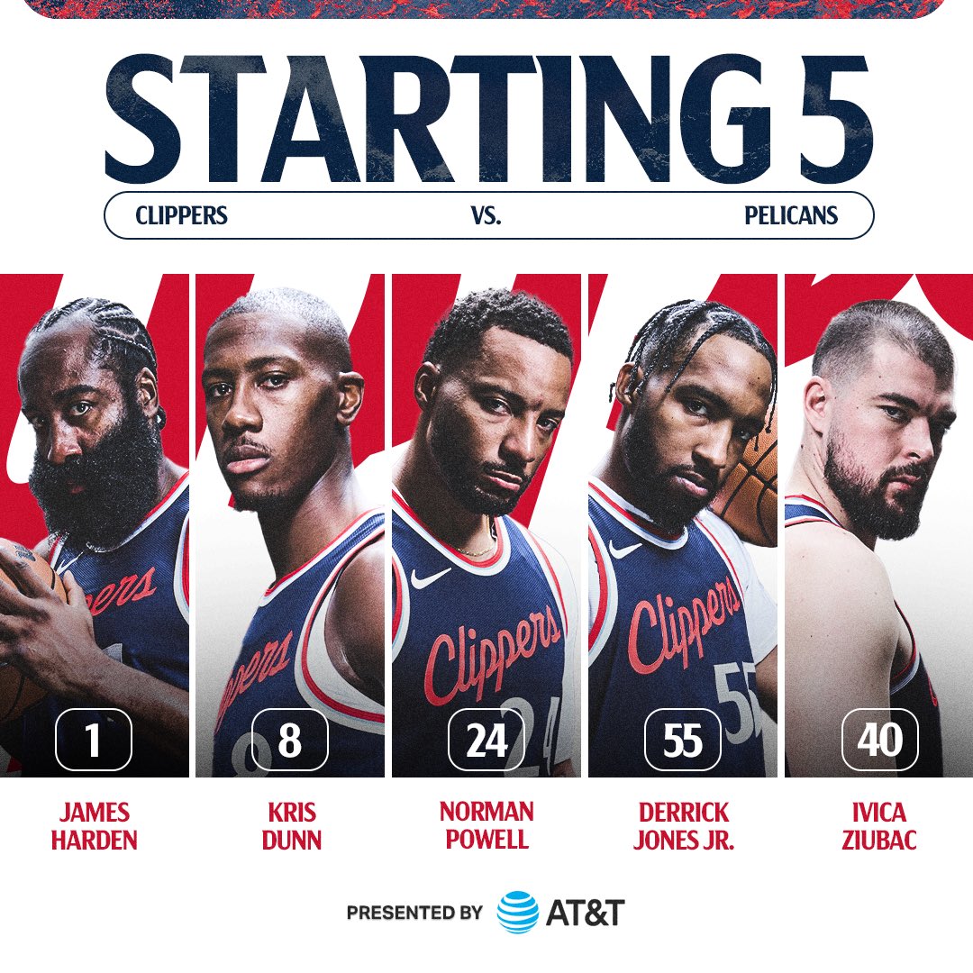 LAClippers's tweet photo. .@ATT Starting 5️⃣ vs. @PelicansNBA 

🏀 James Harden
🏀 Kris Dunn
🏀 Norman Powell
🏀 Derrick Jones Jr. 
🏀 Ivica Zubac https://t.co/kmscFIySVy