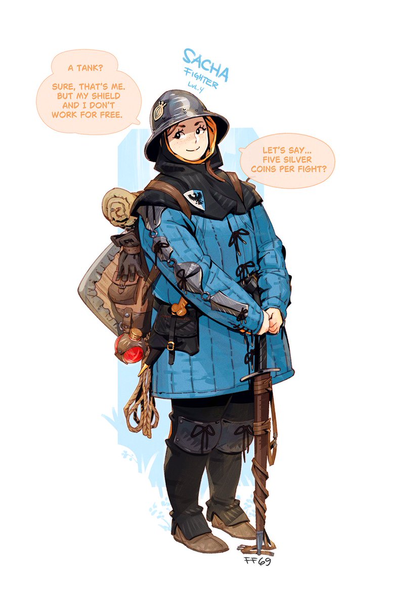 Sacha, the rookie tank: muscles of steel, brain of... well, also steel (a bit rusty). She is looking for a party to bash enemies with her shield and take hits for you—but heads up: she doesn’t work for free. Would you pay 5 silver coins to save your hide? 💪⚔️ #DND