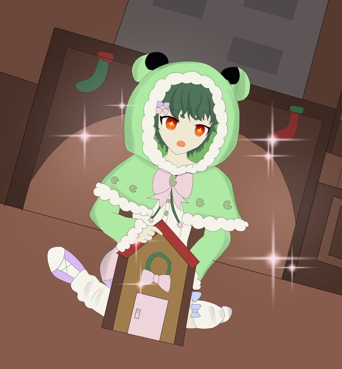 _rrribbon's tweet image. My #vgensanta2024 gift from @RubyMacarons 🧡💚 
I cant get over how cute it is! I’m in love with the frog coat!!! 🐸🎀