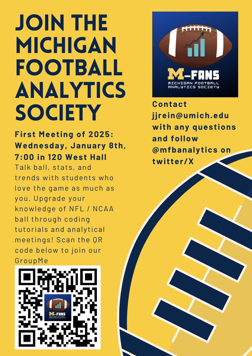 Michigan Football Analytics (@mfbanalytics) on Twitter photo Are you or someone you know a <a href="/UMich/">University of Michigan</a> student with an interest in football and/or data analytics? Check out the Michigan Football Analytics Society (M-FANS)!
For any questions, feel free to contact <a href="/JackJReinhart/">Jack Reinhart 〽️</a>, <a href="/analytacist/">Sam DiSorbo</a>, <a href="/jakegrossman0/">Jake Grossman</a>, <a href="/ilannfl/">I🧸</a>, or <a href="/Eliezermm14/">Eliezer M Maldonado</a>
#GoBlue! Are you or someone you know a <a href="/UMich/">University of Michigan</a> student with an interest in football and/or data analytics? Check out the Michigan Football Analytics Society (M-FANS)!
For any questions, feel free to contact <a href="/JackJReinhart/">Jack Reinhart 〽️</a>, <a href="/analytacist/">Sam DiSorbo</a>, <a href="/jakegrossman0/">Jake Grossman</a>, <a href="/ilannfl/">I🧸</a>, or <a href="/Eliezermm14/">Eliezer M Maldonado</a>
#GoBlue!