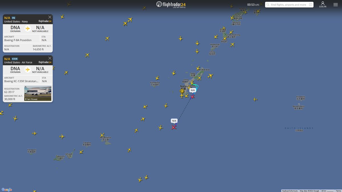 AIYeyENGDdJkjTr's tweet photo. Dec. 31, 2024
#Okinawa Kadena Air Base #South China Sea
#NoCALLSIGN #AE67FF USN P-8A Poseidon
Refueling
#NoCALLSIGN #AE068D USAF KC-135R Stratotanker https://t.co/xXL6jexjX1