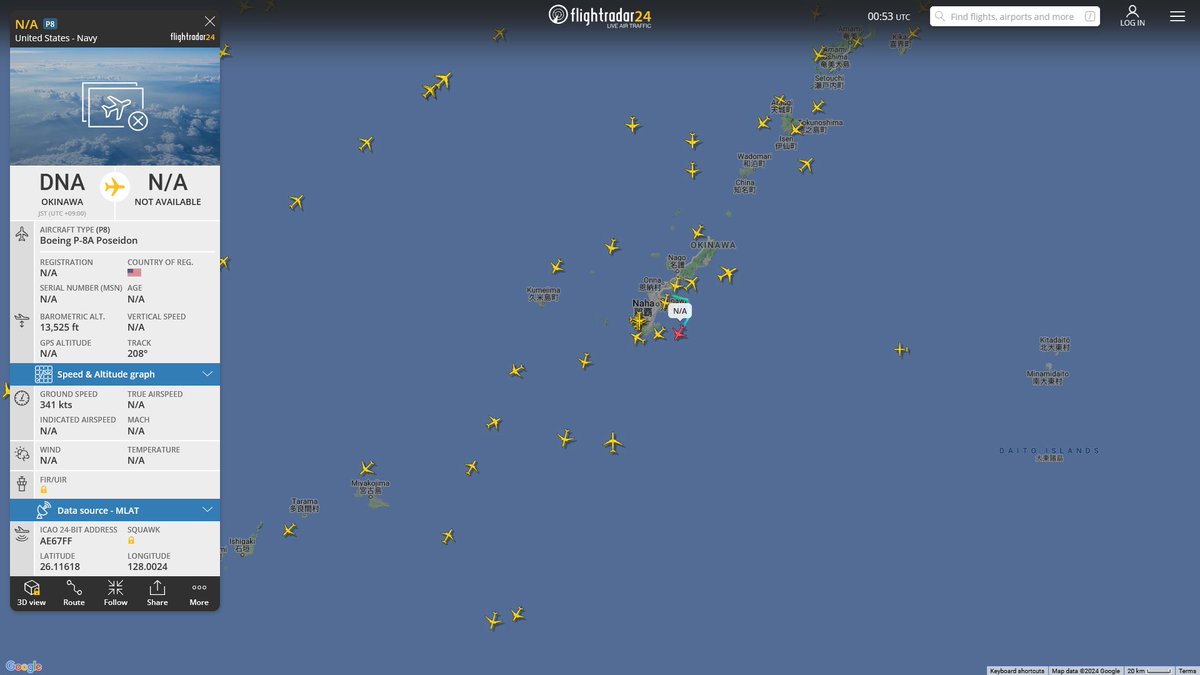 AIYeyENGDdJkjTr's tweet photo. Dec. 31, 2024
#Okinawa Kadena Air Base #South China Sea
#NoCALLSIGN #AE67FF USN P-8A Poseidon
Refueling
#NoCALLSIGN #AE068D USAF KC-135R Stratotanker https://t.co/xXL6jexjX1