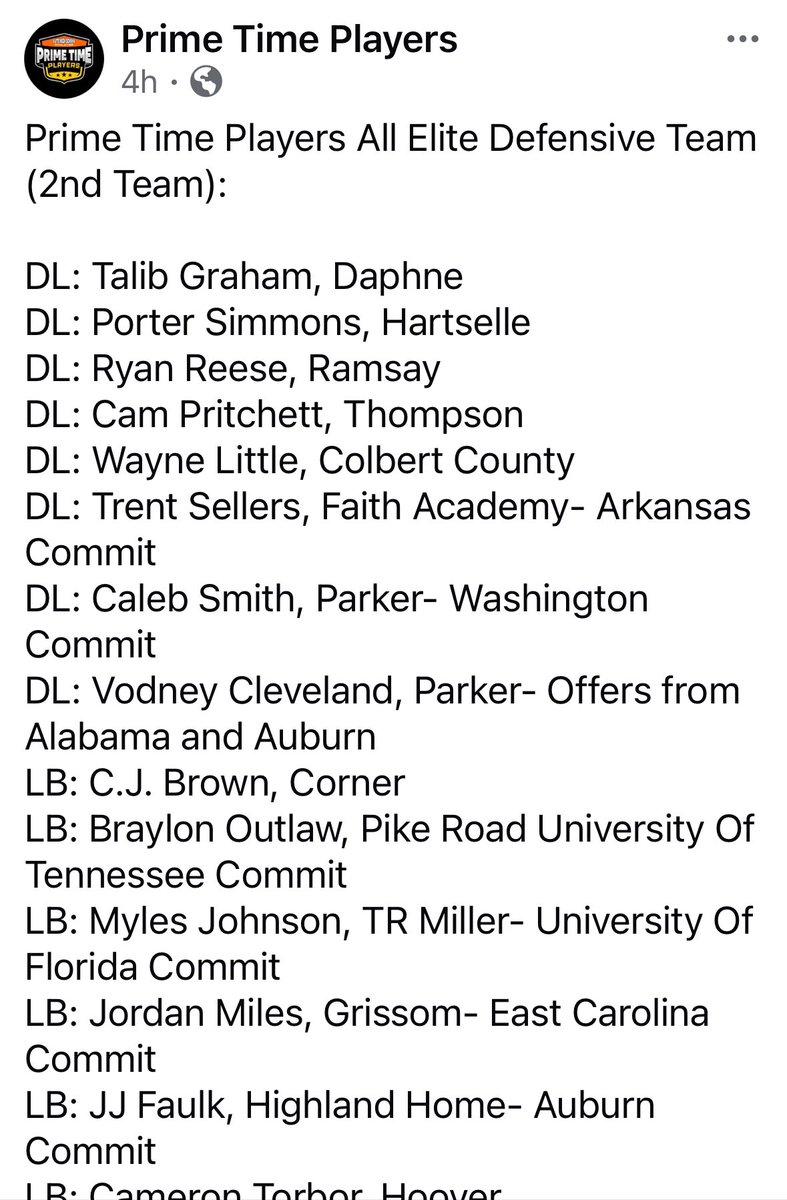 Cj Brown⭐️ (@cjbrown9911) on Twitter photo Glad to be named one of the many great athletes for Prime Time Players Elite defensive 2nd team!!
<a href="/HallTechSports1/">Hall-Tech Sports</a> <a href="/LarryPerrin/">Larry Perrin</a> <a href="/rogersFTW/">Coach RogeRs Al-Rahim</a> <a href="/CoachTCam/">Coach Campbell</a> <a href="/CoachDoss25/">Jason Doss</a> <a href="/rusty_rouse/">Rusty Rouse</a> <a href="/joe_discher/">Joe Discher</a> <a href="/CoachCruce/">Morgan Cruce</a> <a href="/BrentDearmon/">Brent Dearmon</a> <a href="/Stan1Houston/">Stan Houston</a> <a href="/TroyRecruiting/">Troy Football Recruiting ⚔️</a> <a href="/UABRecruiting/">UAB FB Recruiting</a> <a href="/UNAFBRecruiting/">UNA Football Recruiting</a> Glad to be named one of the many great athletes for Prime Time Players Elite defensive 2nd team!!
<a href="/HallTechSports1/">Hall-Tech Sports</a> <a href="/LarryPerrin/">Larry Perrin</a> <a href="/rogersFTW/">Coach RogeRs Al-Rahim</a> <a href="/CoachTCam/">Coach Campbell</a> <a href="/CoachDoss25/">Jason Doss</a> <a href="/rusty_rouse/">Rusty Rouse</a> <a href="/joe_discher/">Joe Discher</a> <a href="/CoachCruce/">Morgan Cruce</a> <a href="/BrentDearmon/">Brent Dearmon</a> <a href="/Stan1Houston/">Stan Houston</a> <a href="/TroyRecruiting/">Troy Football Recruiting ⚔️</a> <a href="/UABRecruiting/">UAB FB Recruiting</a> <a href="/UNAFBRecruiting/">UNA Football Recruiting</a>
