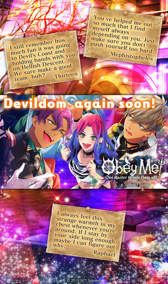 ObeyMeOriginal's tweet image. Thank you all for supporting the Obey Me! series. We hope you will continue to enjoy your time with the brothers, the sorcerers, angels and reapers in the Devildom!

Try tapping on the picture to see the spell they placed on it.

#Obeyme #obeymemasters #obeymejp #SWD #otome #game