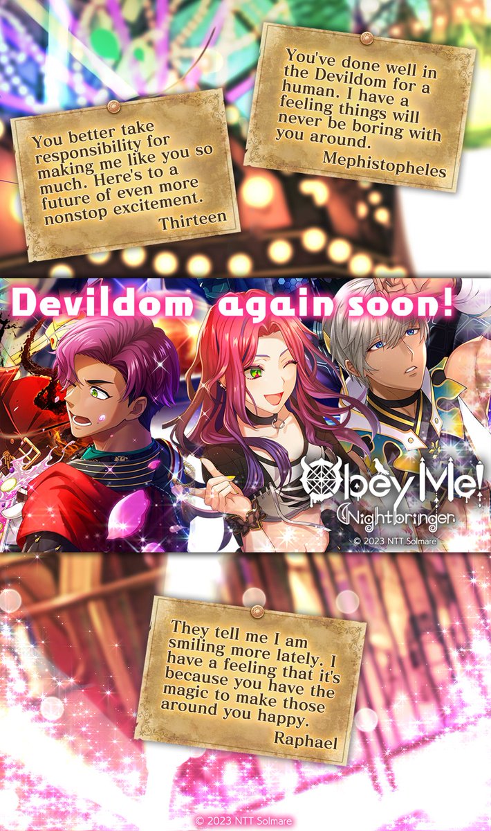 ObeyMeNB's tweet image. Thank you all for supporting the Obey Me! series. We hope you will continue to enjoy your time with the brothers, the sorcerers, angels and reapers in the Devildom!

Try tapping on the picture to see the spell they placed on it.

#ObeyMeNightbringer #Obeyme  #obeymejp #ObeyMeNB
