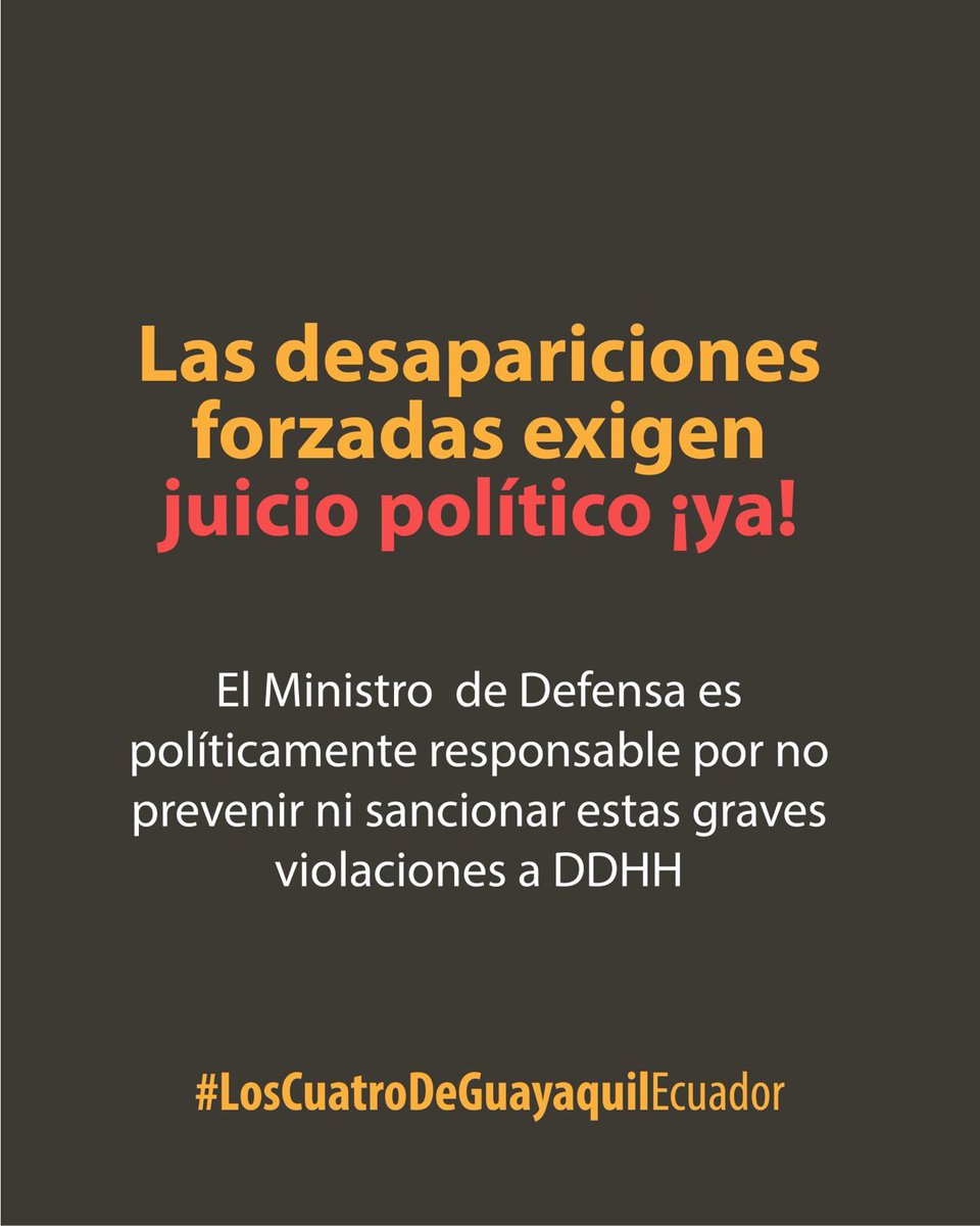 📢Ya son 22 días desde que las <a href="/FFAAECUADOR/">Fuerzas Armadas del Ecuador</a> se llevaron a Josué, Ismael, Steven y Saúl.

Organizaciones de la sociedad civil nos hemos unido para exigir su regreso con vida, justicia y 0 impunidad.

#LosCuatroDeGuayaquilEcuador
#JuicioPoliticoLoffredo 
#DesapariciónForzada