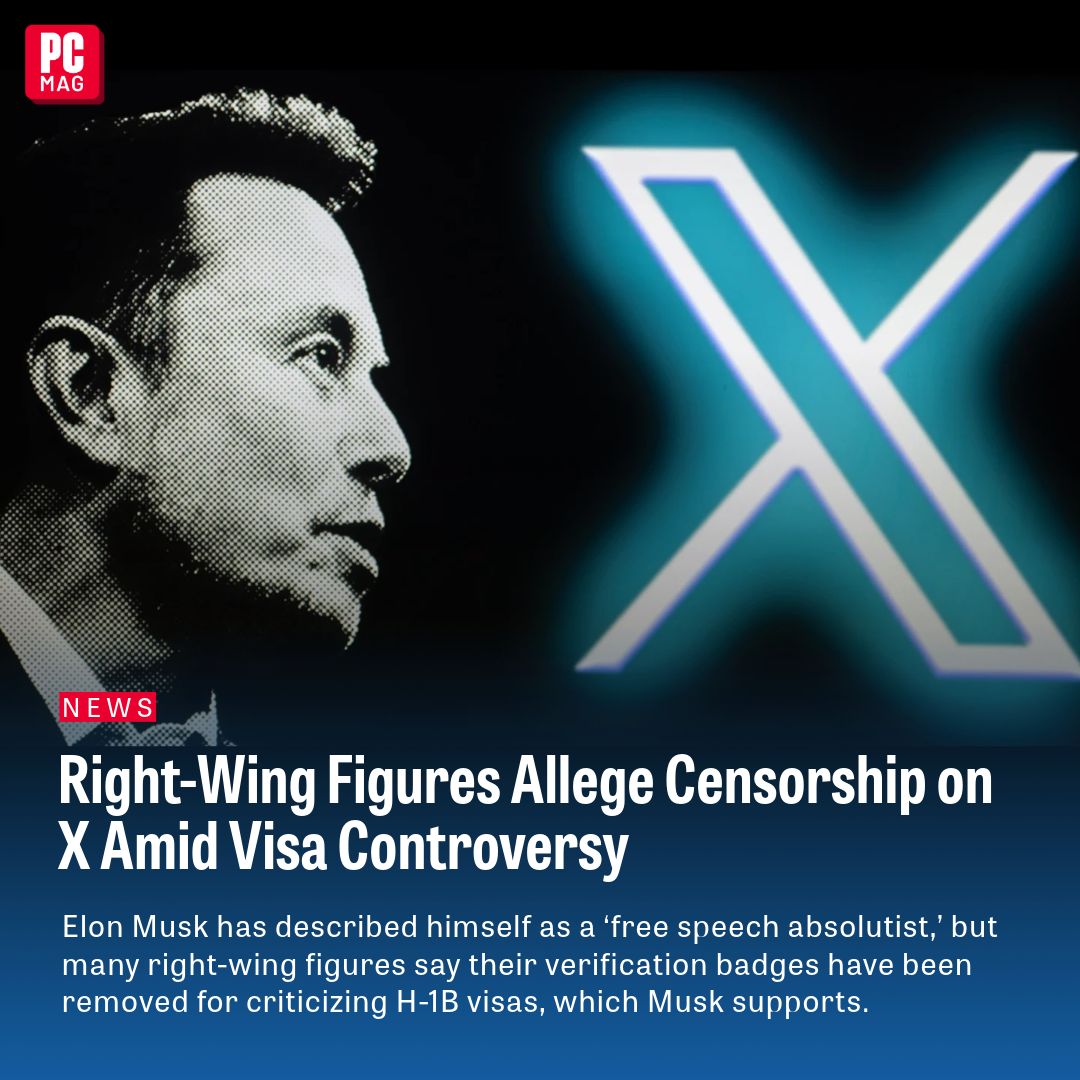 PCMag's tweet photo. Despite Elon Musk presenting X as a bastion of free speech since he took over the platform, a debate over US visas for highly skilled workers has several right-wing figures claiming they’re being censored.
https://t.co/5jYdo5efwZ https://t.co/MxtIykBRLV
