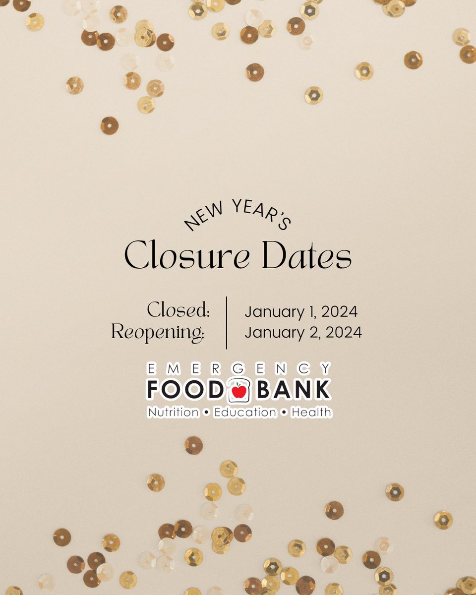 EFBFS's tweet image. The Emergency Food Bank will be closed January 1, 2024 ( New Year’s Day). 

We invite you to volunteer with and visit us again beginning on January 2, 2025! 

Happy New Year from the Emergency Food Bank team!