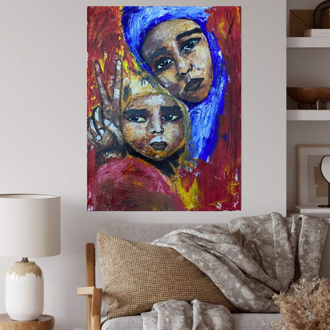 Hope For Peace

young girl and her elder sister, saddened by the impact of conflict, yet their hearts are filled with hope and a longing for peace.

Acrylic painting on canvas
Size 30x40

PRICE
original painting $50
Printing $20
#maslahartstudio
#somaliart 
#somalia