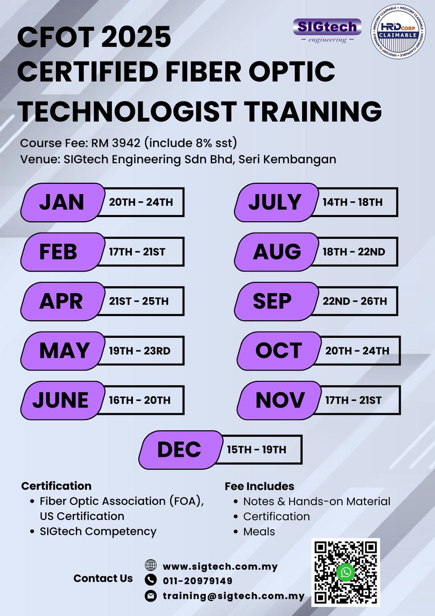 Sigtech16's tweet photo. CERTIFIED FIBER OPTIC TECHNOLOGIST (CFOT) TRAINING 2024

A training program certified by FOA, US
(Fiber Optic Association Inc. USA)

The World Best Fiber Optic Training Ever!

Click here now!📷📷📷
https://t.co/6Qz7eiDcPd

SIGtech Engineering Sdn Bhd 
https://t.co/QEhQ2yRfoW https://t.co/UoSmMD9qAY