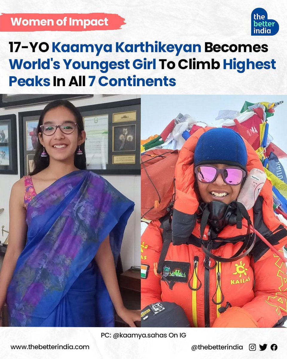 17-Year-Old Kaamya Karthikeyan Just Conquered the World—Literally! 🏔️ 

She didn’t just dream of touching the sky; she owned it.

From the icy summit of Mt Vincent in Antarctica to the majestic Everest, Kaamya Karthikeyan has become the youngest girl in the world to scale the
