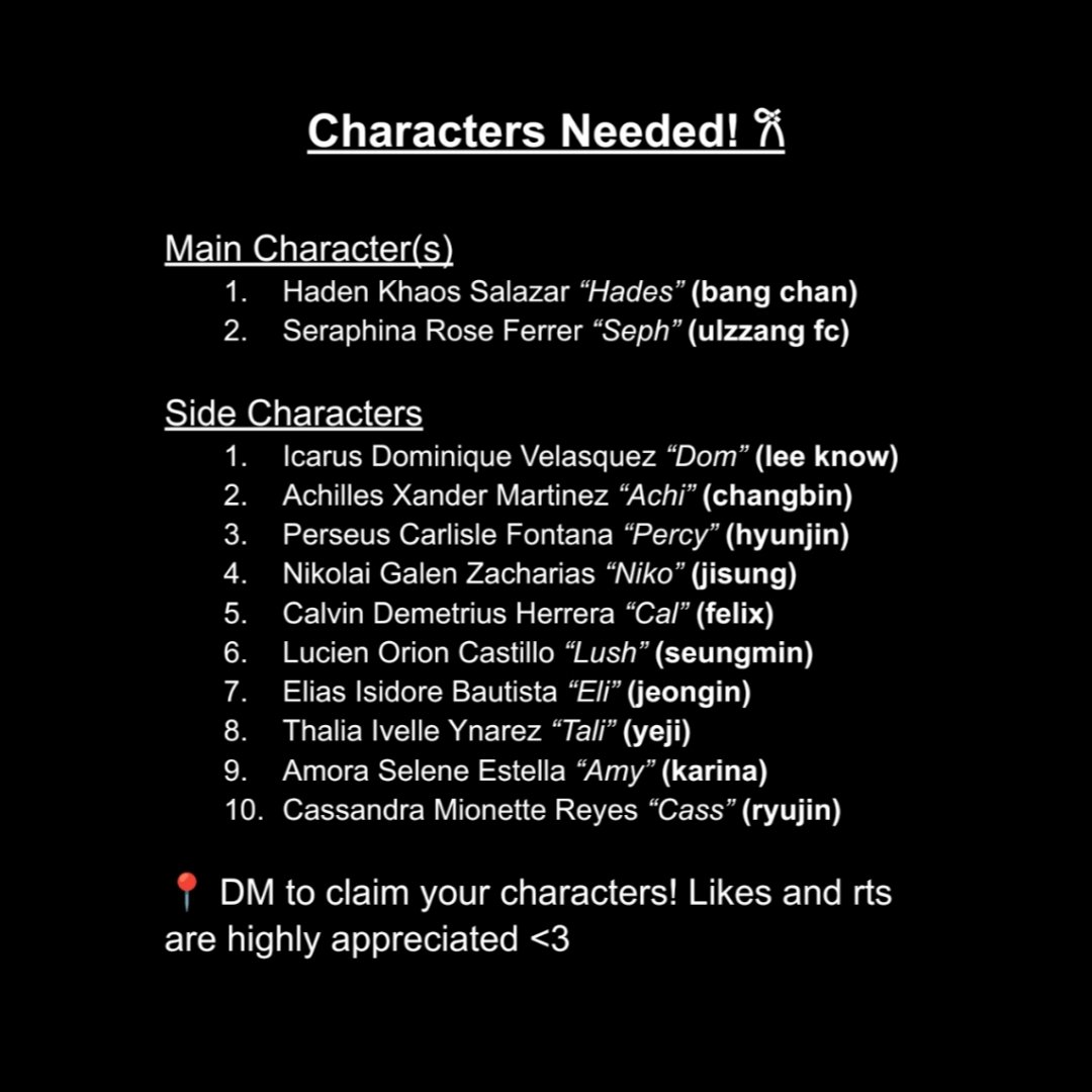 hello everyone! currently looking for portrayers/rp'iers for my characters sa romancing chaos! ^^ idk if meron pa diyan kasi ang tagal ko nang hindi nagpaportray huhuhu, pero dm nalang kayo! <3