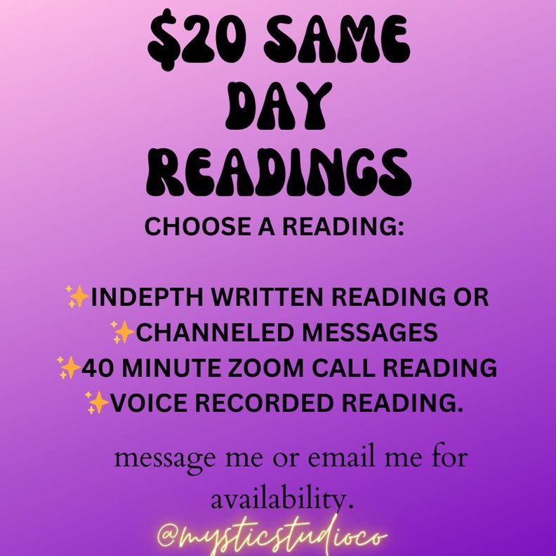 i've updated my price-list &amp; all readings ARE SAME DAY for $20 USD.

you may message me or email me to check for availability! 💗

thank you so much for your continuous support, i look forward to working with you all! if you want to see reviews from my clients, view thread below.
