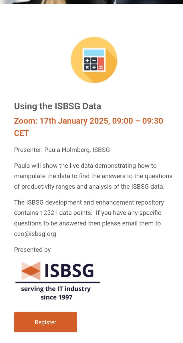 New #webinar on #January17 speaking about how "Using the @ISBSG data" with our CEO, #PaulaHolmberg. 

Info/Free booking: us06web.zoom.us/meeting/regist…