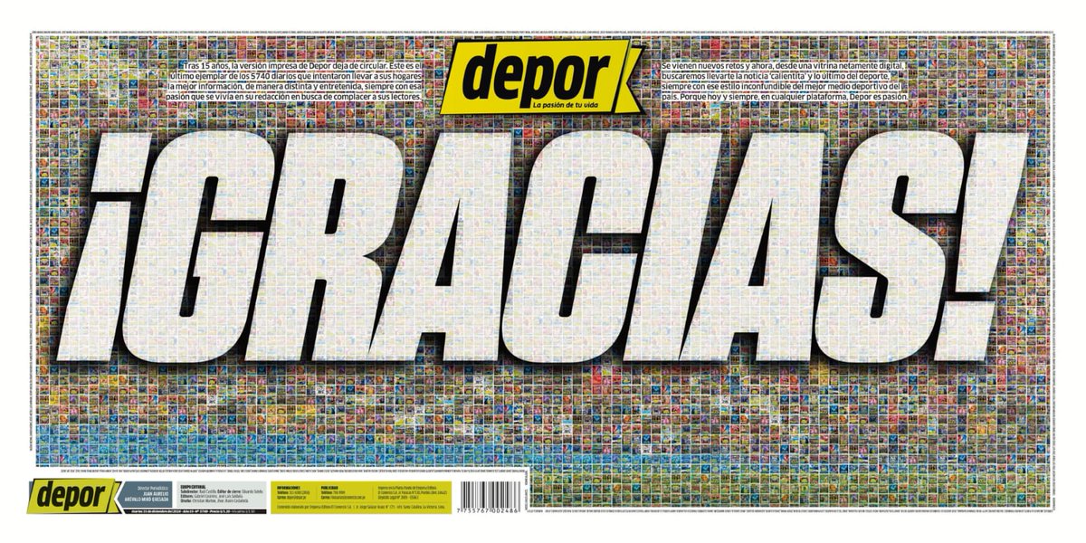 deportuit_peru's tweet photo. 🫡 Tras 15 años, la versión impresa de Depor deja de circular. Este es el último ejemplar de los 5740 diarios que intentaron llevar a sus casas la mejor información de manera entretenida, siempre con esa pasión que se vivía en su redacción en busca de complacer a sus lectores. https://t.co/C3Pqs3popK