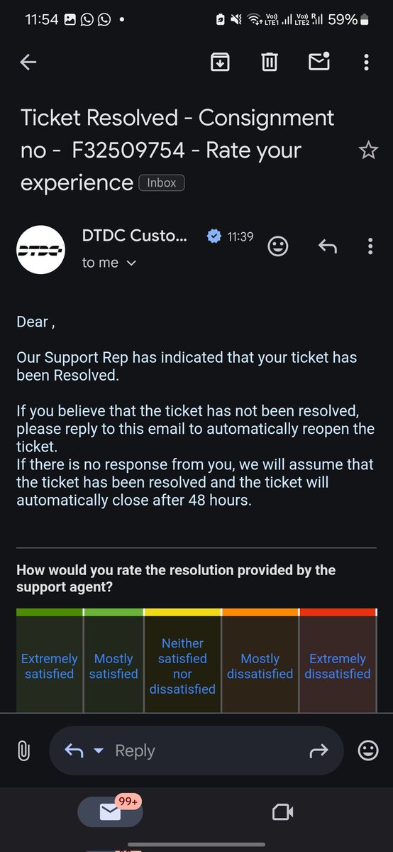Jompson1's tweet photo. @IamGautamSeth @SubhasishDTDC @abhishek_chuck @JM_Scindia @pib_comm @AnilSinghvi_ @CNBCTV18Live This is the level of support I get from @DTDCIndia. Absolutely deplorable. Customer is there to bear all the burden, even when they have been ROBBED in broad daylight.
To add insult to injury, agent closes the email chain immediately after replying. Excellent. https://t.co/Y6czPDQUqT