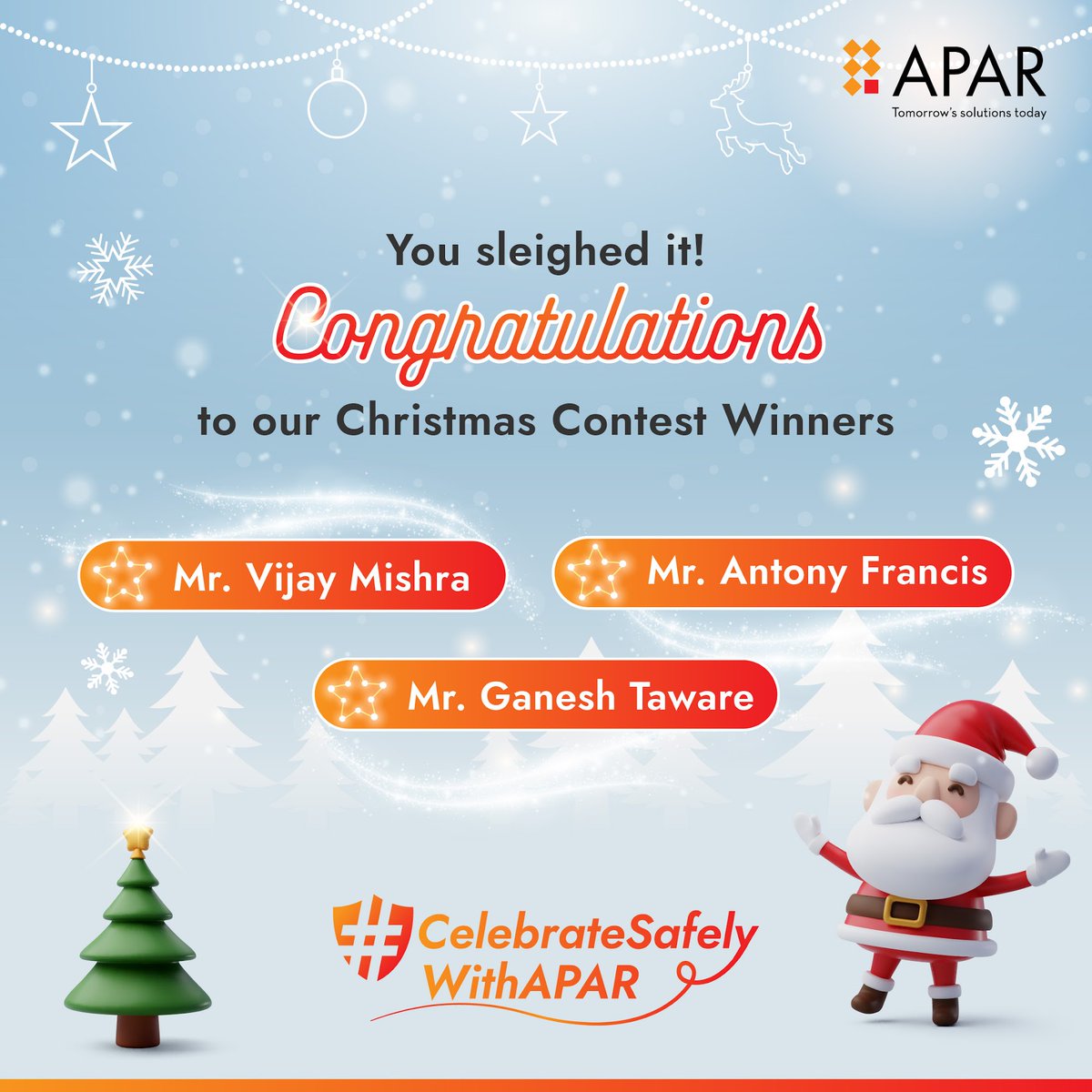 AparLdc's tweet image. Congratulations, Vijay Mishra, Ganesh Taware and Antony Francis for sleighing the Christmas Contest!

We’re so excited to celebrate your win. Here’s to a safe and merry Christmas filled with joy and cheer!

#CelebrateSafelyWithAPAR #APAR #APARCableSolutions #APARWiresandCables