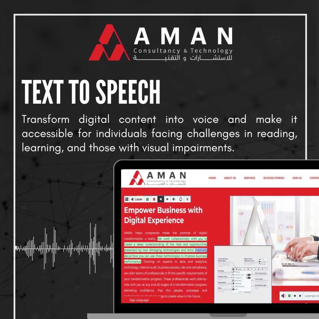 AMAN_CBD's tweet image. Turning digital content into voice to support individuals with reading, learning, and visual impairments. #DigitalInclusion #AccessibleTech #text_to_speech
