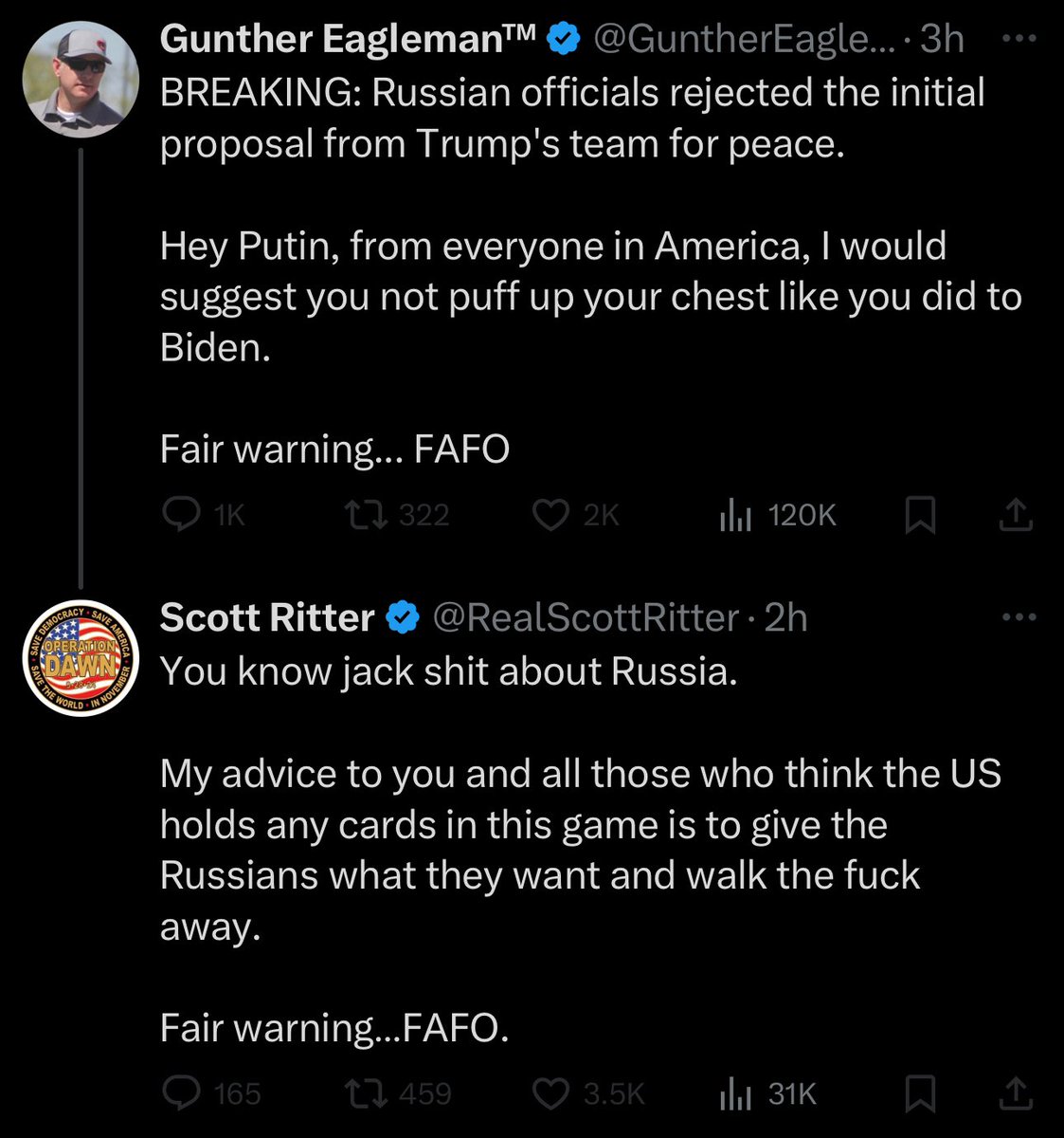 When a Russia apologist who is more pro Trump than pro Putin clashes with a Russia apologist who is more pro Putin than pro Trump.