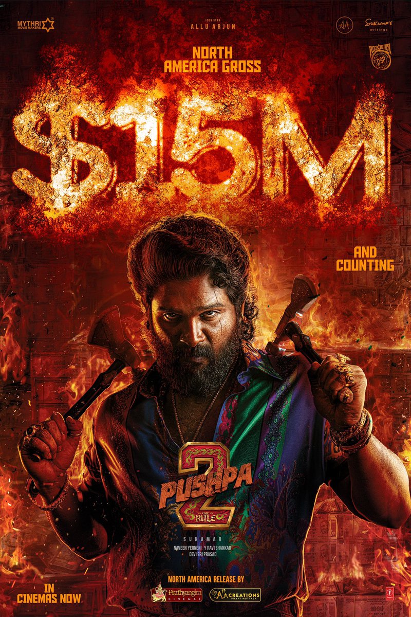 Pushpa (@pushpamovie) on Twitter photo Icon Star <a href="/alluarjun/">Allu Arjun</a> continues his DominAAtion 💥💥💥
#Pushpa2TheRule North America Gross ~ $ 𝟏𝟓 𝐌𝐈𝐋𝐋𝐈𝐎𝐍+ & Counting 🔥🔥🔥
Ending the year in true 'Naam chota hai lekin sound bahut bada hai' style! 🤙🏻🤙🏻
#Pushpa2 #AssaluThaggedhele Icon Star <a href="/alluarjun/">Allu Arjun</a> continues his DominAAtion 💥💥💥
#Pushpa2TheRule North America Gross ~ $ 𝟏𝟓 𝐌𝐈𝐋𝐋𝐈𝐎𝐍+ & Counting 🔥🔥🔥
Ending the year in true 'Naam chota hai lekin sound bahut bada hai' style! 🤙🏻🤙🏻
#Pushpa2 #AssaluThaggedhele