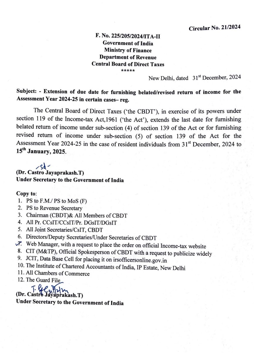 BimalGST's tweet image. 💥💥 BIG BREAKING; 

🚫📢 CBDT extends the last date for furnishing Belated/ Revised return of income for AY 2024-25 in the case of Resident Individuals from 31st December, 2024 to 15th January, 2025.