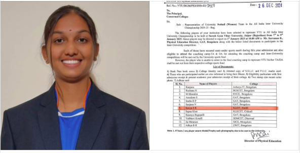 admin_kleit's tweet photo. Congratulations📷
The Department of Physical Education &amp; Sports proudly announces that Kavya S. Rodnavar, a 5th Semester EEE student, has been selected for the second time as VTU University Blue in the Netball Women's Team. https://t.co/hgtCNwrKR4