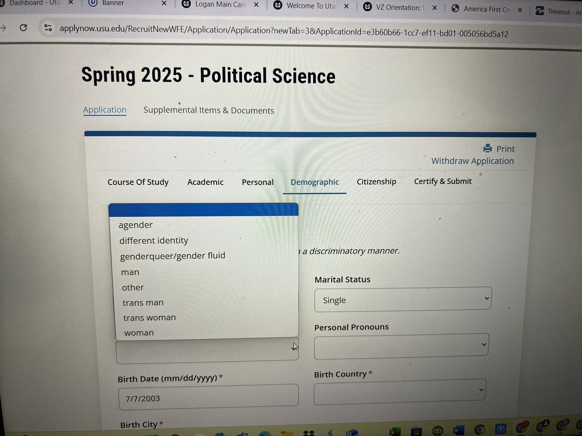 VoteTrevorLee's tweet photo. When we talk about why does the legislature have to keep interfering with education? 
Well signing up for classes at @USUAggies asks these kinds of questions. 

Is pulling taxpayer money really the only way to make them stop? 

#utpol #HigherEd https://t.co/AxBbu260LS