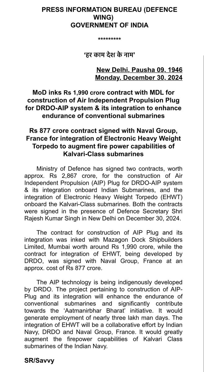 navalgroup_IN's tweet image. The Indian Ministry of Defence (MoD) has signed a contract with Naval Group to integrate the @DRDO_India's Electronic Heavy Weight Torpedo (EHWT) into the Kalvari class submarines. This move aims to significantly enhance the firepower capabilities of these indigenously built…