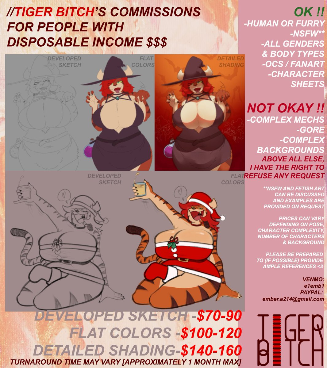 TigerBitch_'s tweet image. Hi there !! I&apos;m opening up 3 commission slots !! If you&apos;re at all interested, please visit and complete the form below!
forms.gle/dZdjDxvuwfbyEz…
The attached Images show my commission information and examples of my art and other client work :3