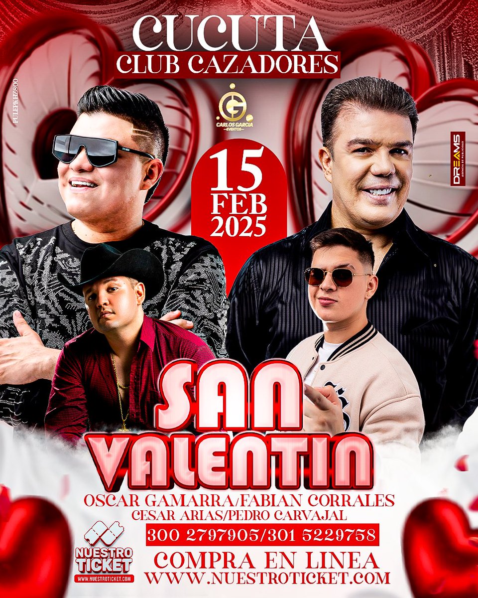 CUCÚTA
celebremos juntos el día de san Valentín 💘 con un concierto para cantar y dedicar  que viva el amor junto al canta autor #1 @fabiancorralesoficial @oscargamarrap &amp; @camicarvajalc <a href="/pedrocarvajal/">Pedro Carvajal</a>.m @cesararias_oficial Este  sábado 15 de febrero 
 Lugar Club de cazadores