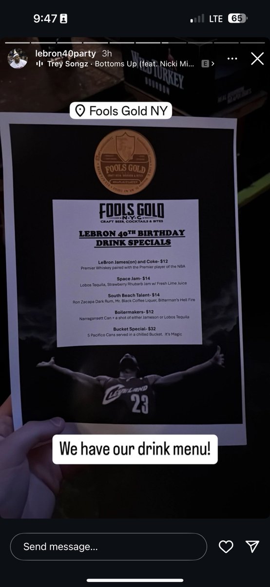 big_business_'s tweet photo. A New York Bar did a LeBron James 40th birthday party celebration where it’s nothing but LeBron James theme drinks and LeBron James highlights on the TV screen https://t.co/aFT52qdfr1