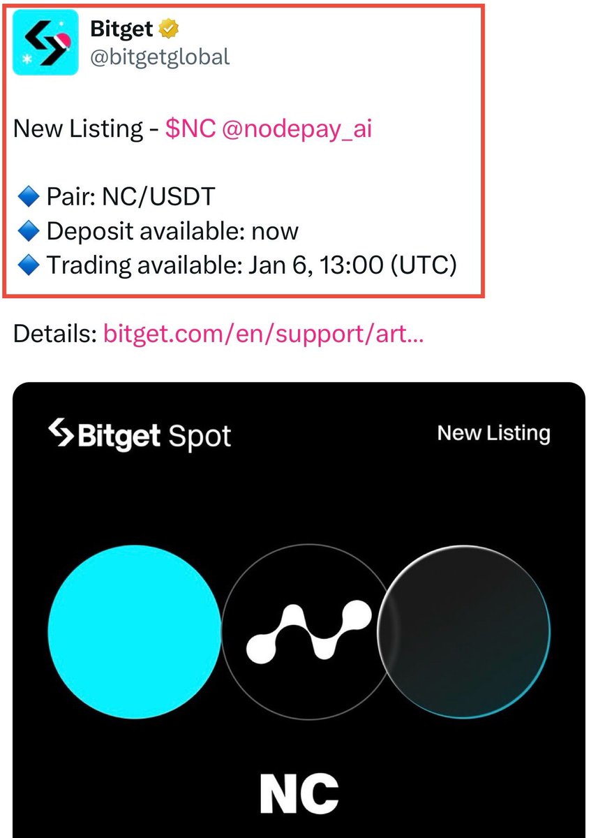 1️⃣我在Bitget官推看到，DePIN挖矿项目Nodepay @nodepay_ai 首发#Bitget ，1月6号可以交易了。  2️⃣第二季挖矿结束时间是今晚11:59，北京时间明天早上8点。