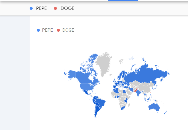 Google Trends searches $PEPE vs $DOGE for 2024. The only place in the world where Dogecoin leads is Pakistan with 60% vs PEPE 40%. I'll post the stats from just a few countries, if you want to check for your country just post the flag in the comments.

🇺🇸 USA 54% PEPE vs 46% DOGE