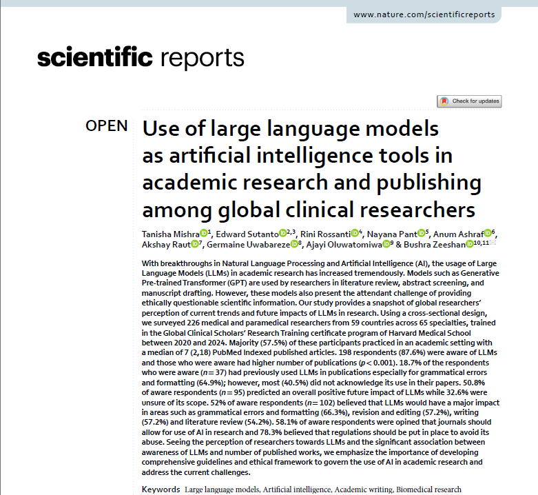 EdwardSutanto's tweet photo. Last publication to close the year! 
We explore the role of Large Language Models (#LLMs) in #AcademicResearch among @harvardmed's Global Clinical Scholars Research Training cohorts. 
Read more: https://t.co/J3LFVluRis

#AIinResearch #EthicalAI https://t.co/ULXaPia99C
