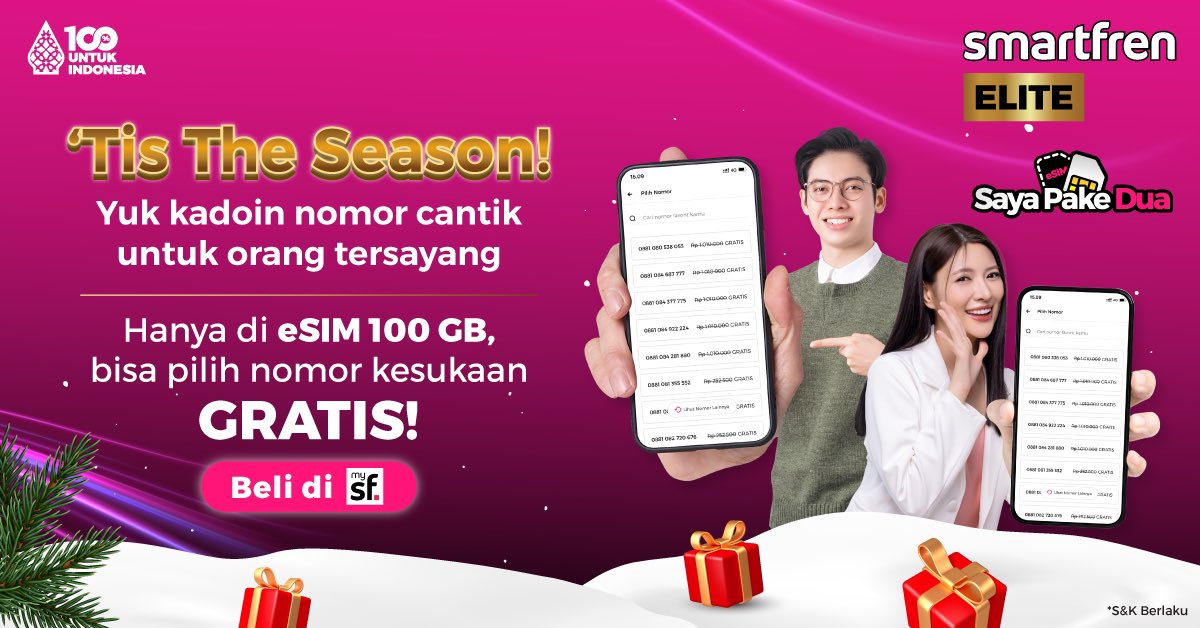 smartfrenworld's tweet photo. Yuk, kadoin nomor cantik untuk orang tersayang kamu dengan beli eSIM ELITE smartfren! ✨

Hanya 100 ribu udah bisa dapat 100GB + GRATIS pilih Nomor Cantik! LOH Beli sekarang di mySF atau https://t.co/cu2LS6hVMI 🥰
#SayaPakeDua #SmartfrenESIM #mySF #esim #elite #smartfren #100PersenUntukIndonesia
