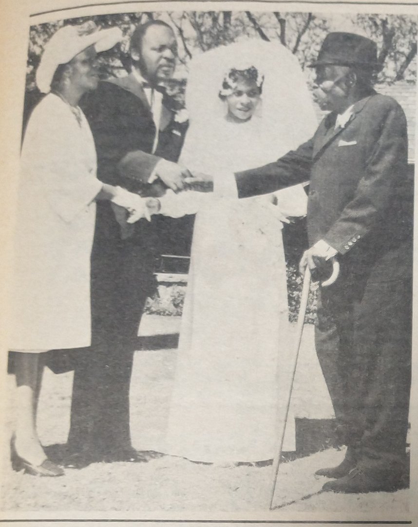 I've long been fascinated to learn more about Mwamuka, an associate of the first RF premier, Winston Field; and the first black headmaster of a government primary school in Rhodesia.

He's pictured here at right at his son's wedding, shortly before he passed away in 1972.