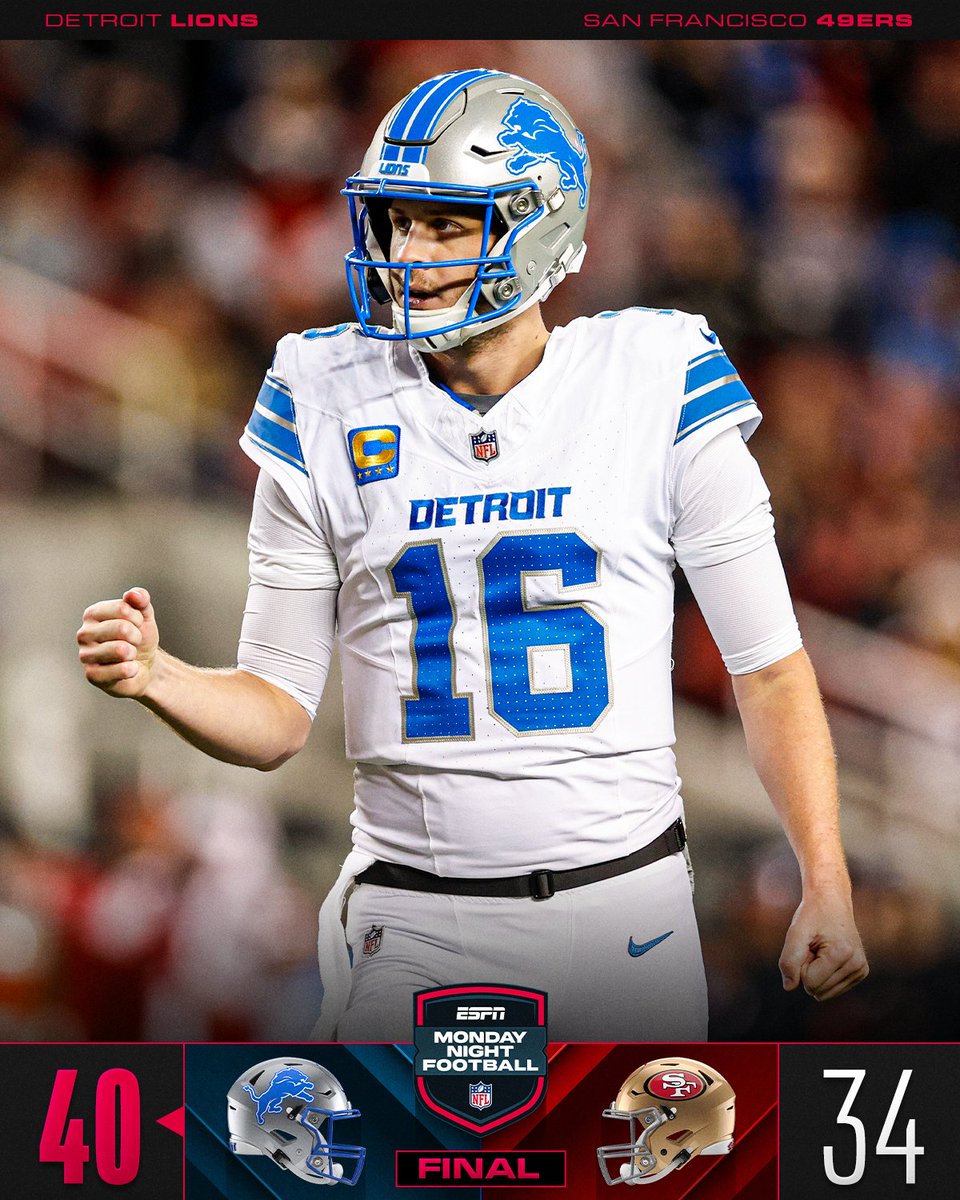 NFL's tweet photo. FINAL: The @Lions drop 27 points in the second half to get the road win on MNF! #DETvsSF https://t.co/hRLm9wZ3cd