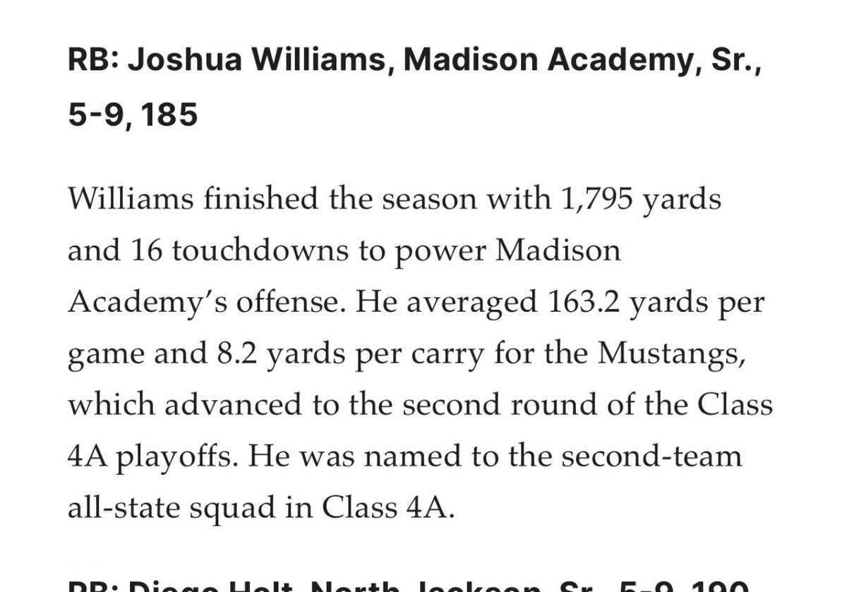 Joshua A.Williams19 (@joshwilliams_6) on Twitter photo Blessed to be named 1st Team Huntsville Times All-Region RB <a href="/CoachBGodsey/">Bob Godsey</a> <a href="/MAMustangsFB/">Madison Academy Football</a> <a href="/JustLeek/">Malik Miller</a> Blessed to be named 1st Team Huntsville Times All-Region RB <a href="/CoachBGodsey/">Bob Godsey</a> <a href="/MAMustangsFB/">Madison Academy Football</a> <a href="/JustLeek/">Malik Miller</a>